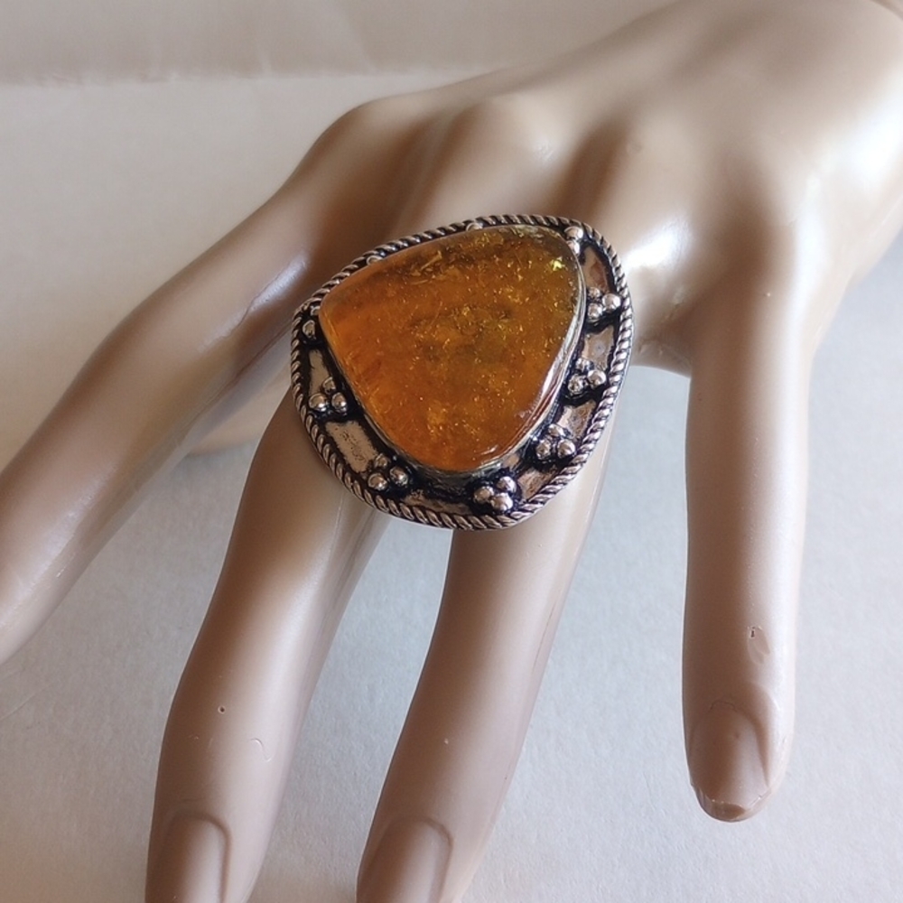 Sterling Silver Amber Huge Ring Size 7 925 Weight 14 Gr - Picture 4 of 8